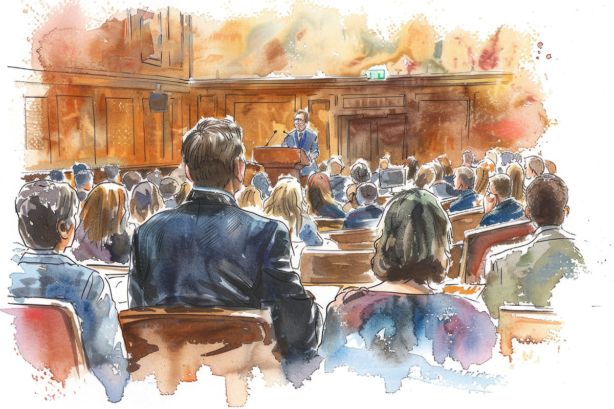artist sketch of courtroom